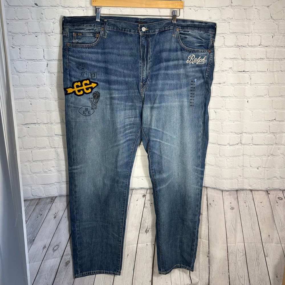 NEW Polo Ralph Lauren Varick Slim Straight Jeans Mens 46x32 Blue Varsity‎ Patch